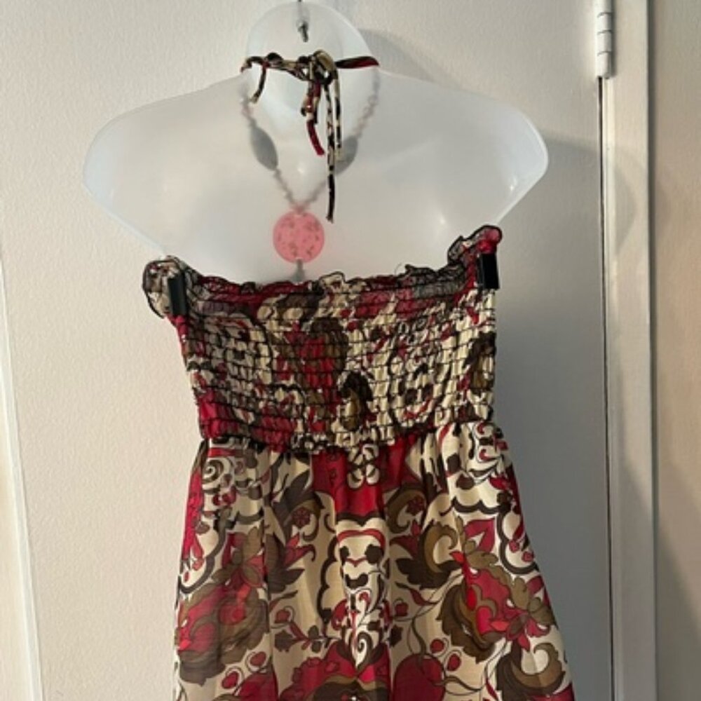 Strapless Smocked Red & Cream Patterned Women’s Jeweled Halter Top - Picture 5 of 8
